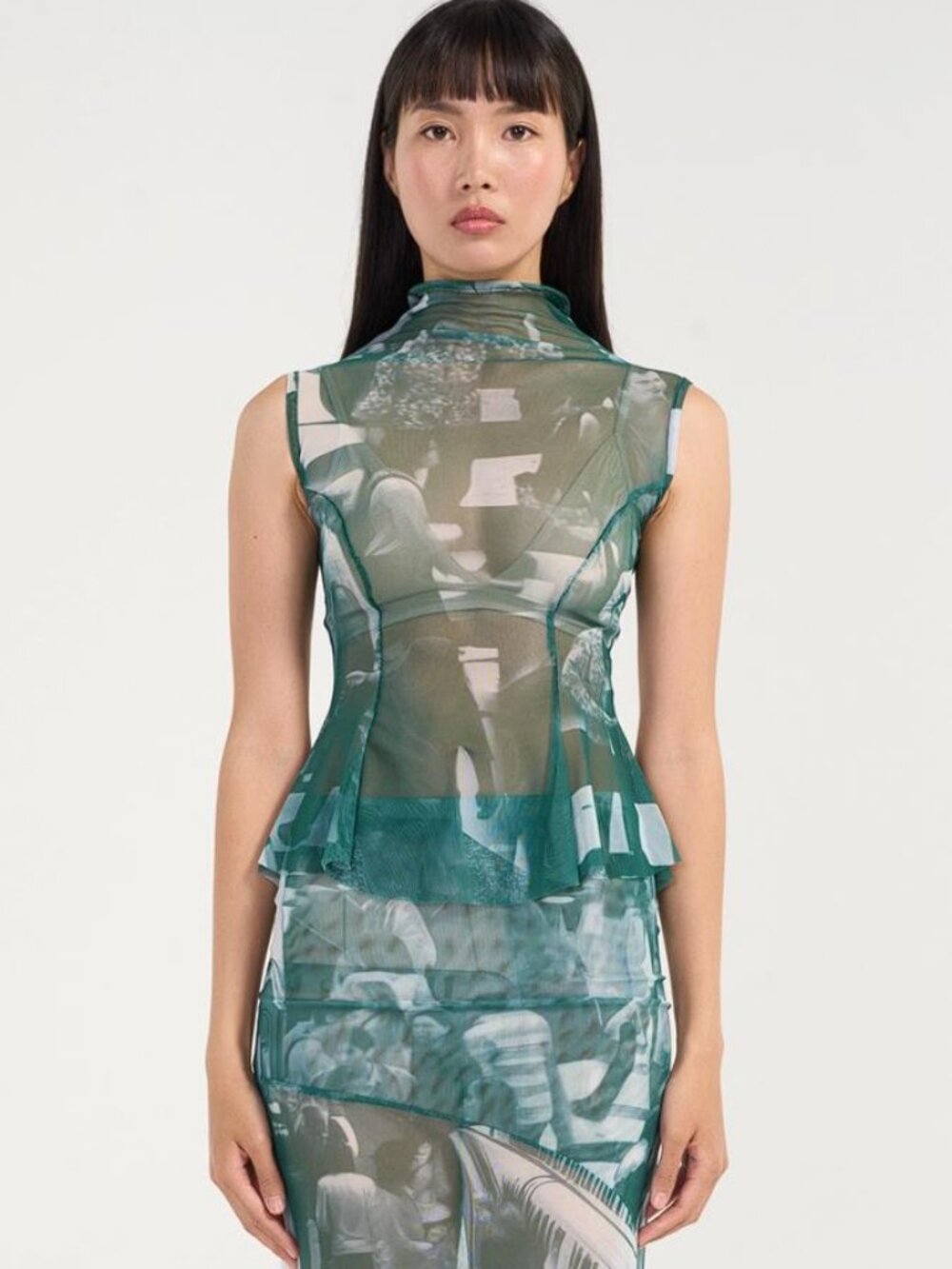 MARTIN ACROSS Women's Mesh Peplum Top Size XS In Transit Print